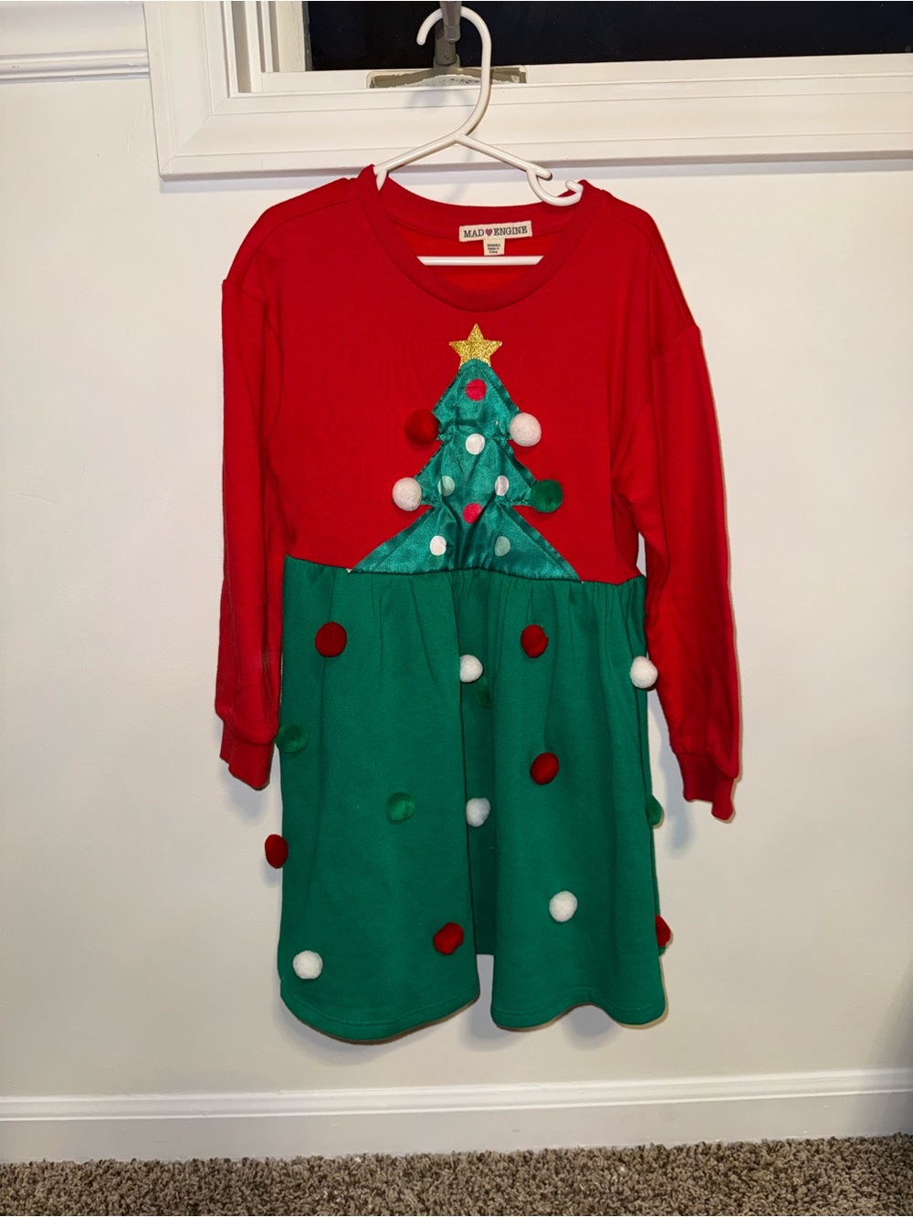 Girls Red & Green Christmas Tree Dress